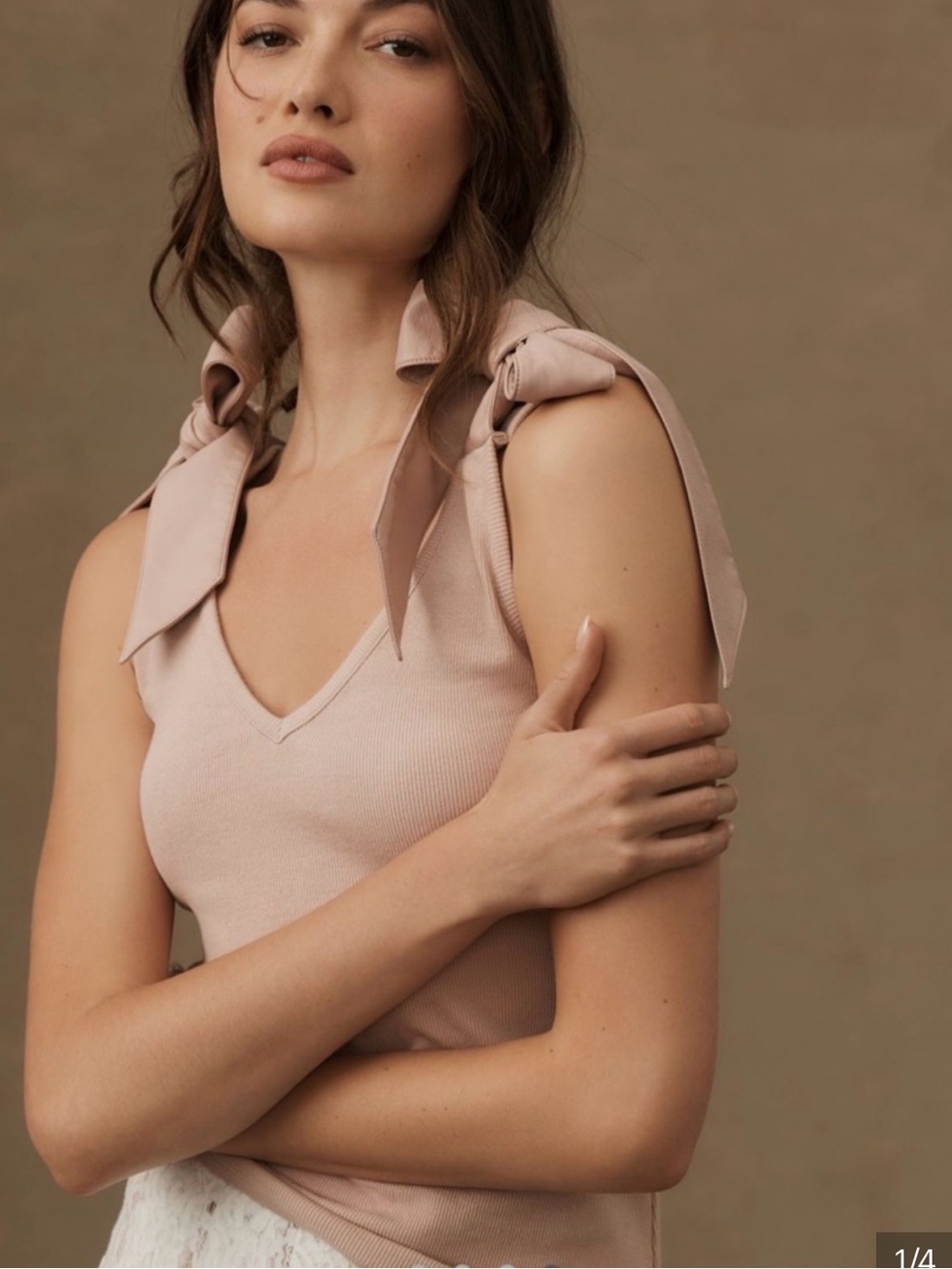 Anthropologie Maeve Collection Pale Blush Bow Shoulder Ribbed Tank